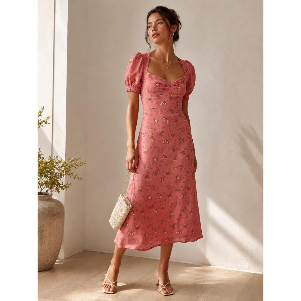 Reformation Midi Dress Luciana 0 Pink Floral Lace Up Back Cottagecore Romantic
